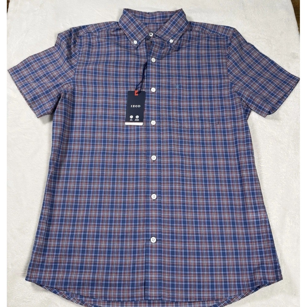IZOD Mens Button Down Shirt Small Plaid Short Sleeve Blue Red NWT Cotton